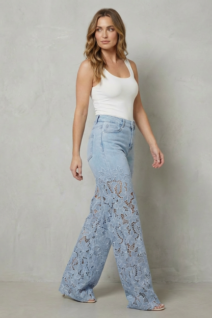 Solérine – Floral lace overlay – Wide-leg denim jeans