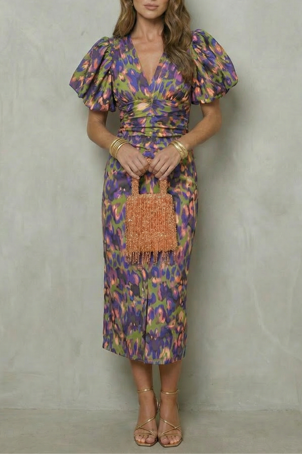 Valerissa – Bold abstract statement – Puff sleeve midi dress