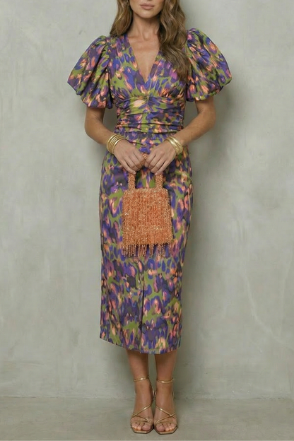 Valerissa – Bold abstract statement – Puff sleeve midi dress