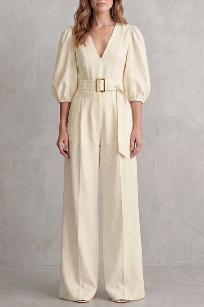 Velmora – Elegant belted puff sleeve – Wide leg jumpsuit