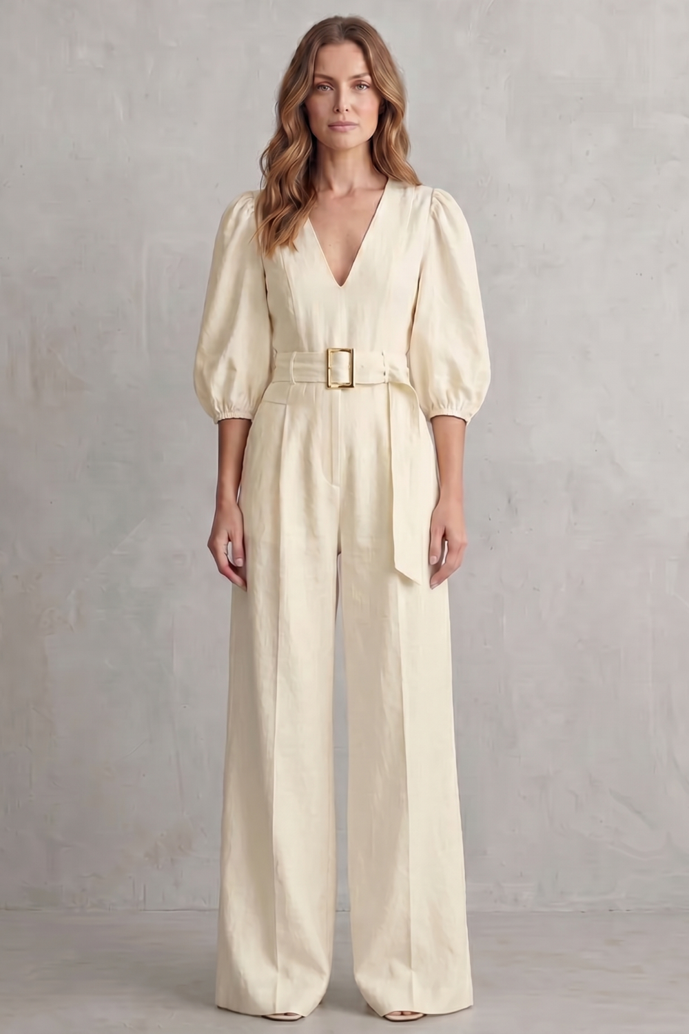 Velmora – Elegant belted puff sleeve – Wide leg jumpsuit
