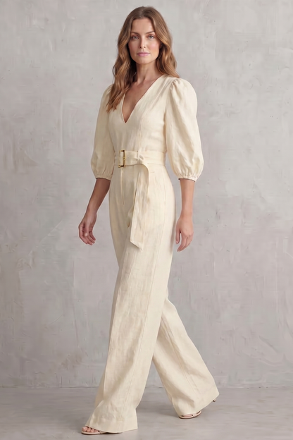 Velmora – Elegant belted puff sleeve – Wide leg jumpsuit