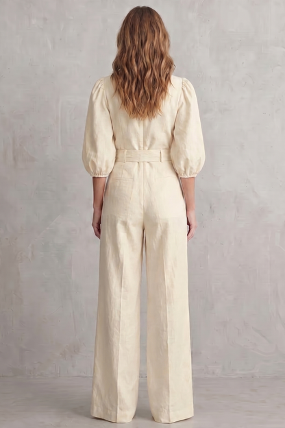 Velmora – Elegant belted puff sleeve – Wide leg jumpsuit