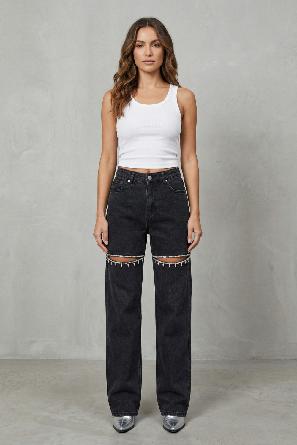 Velmoura – Crystal cut detail – Wide leg jeans