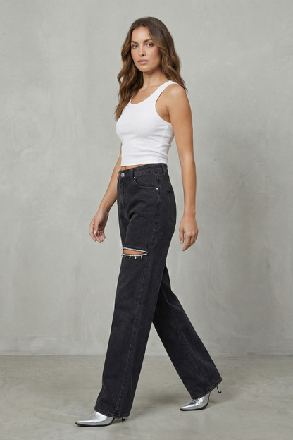 Velmoura – Crystal cut detail – Wide leg jeans