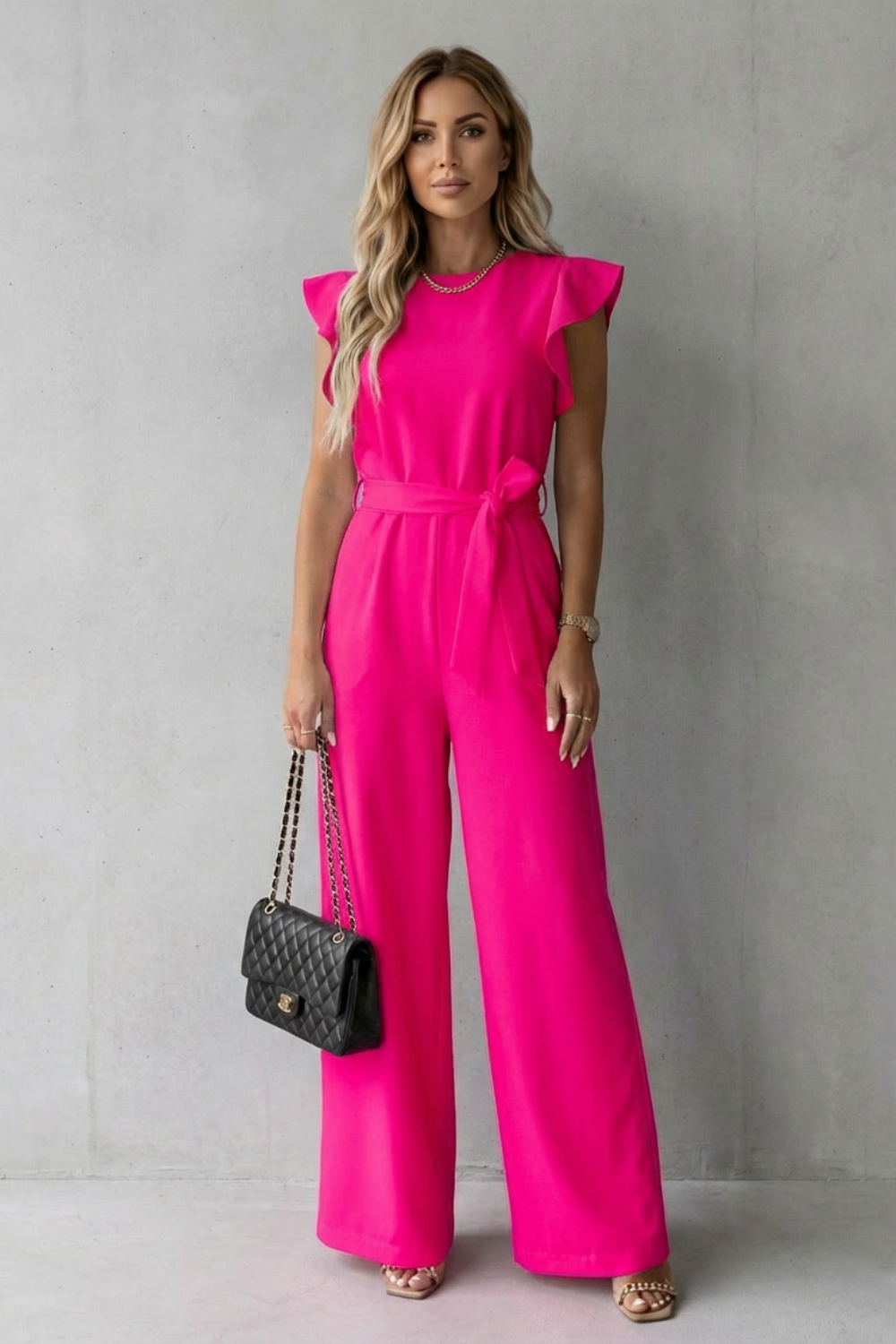 Virelle – Ruffle sleeve belted – Wide-leg jumpsuit