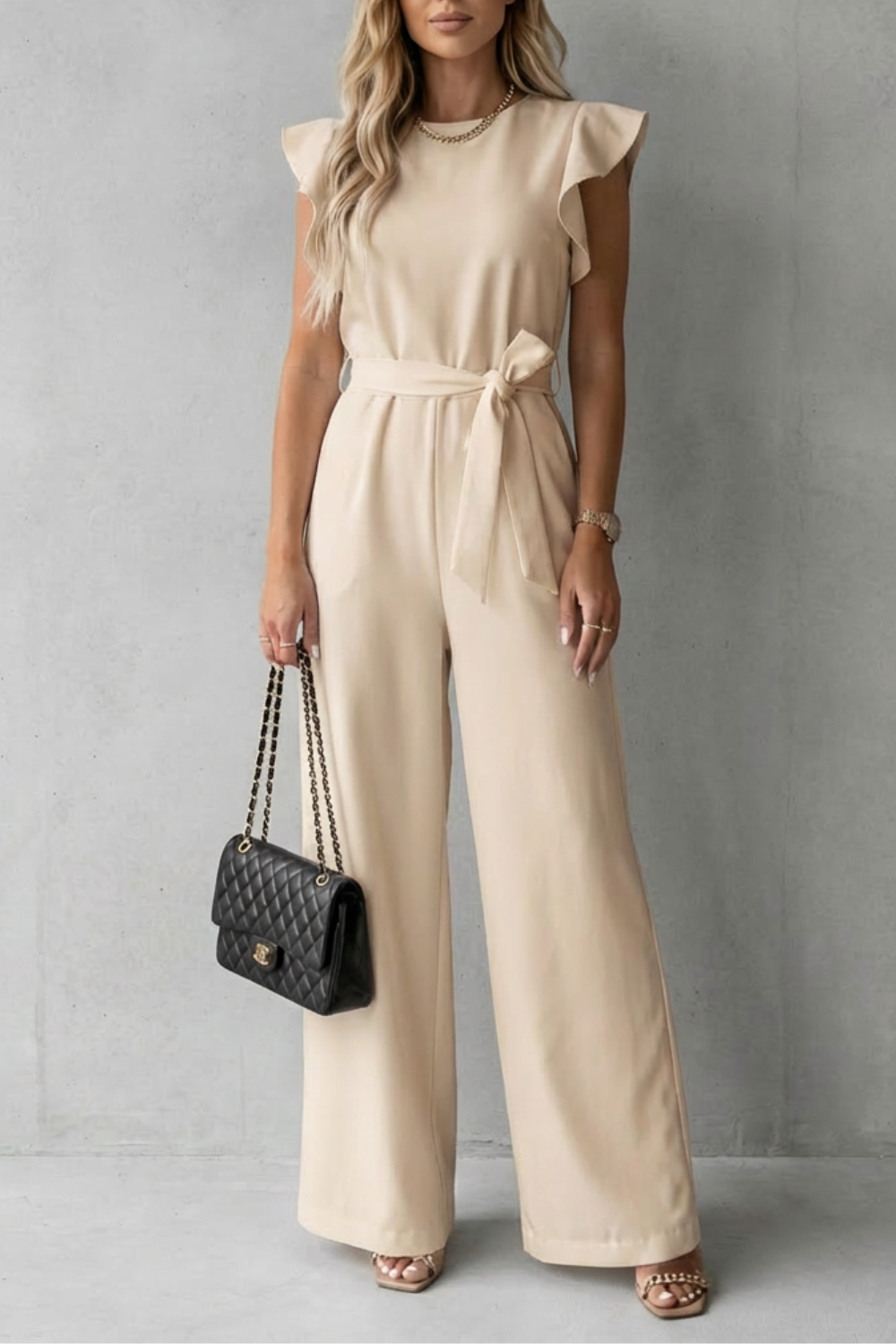 Virelle – Ruffle sleeve belted – Wide-leg jumpsuit