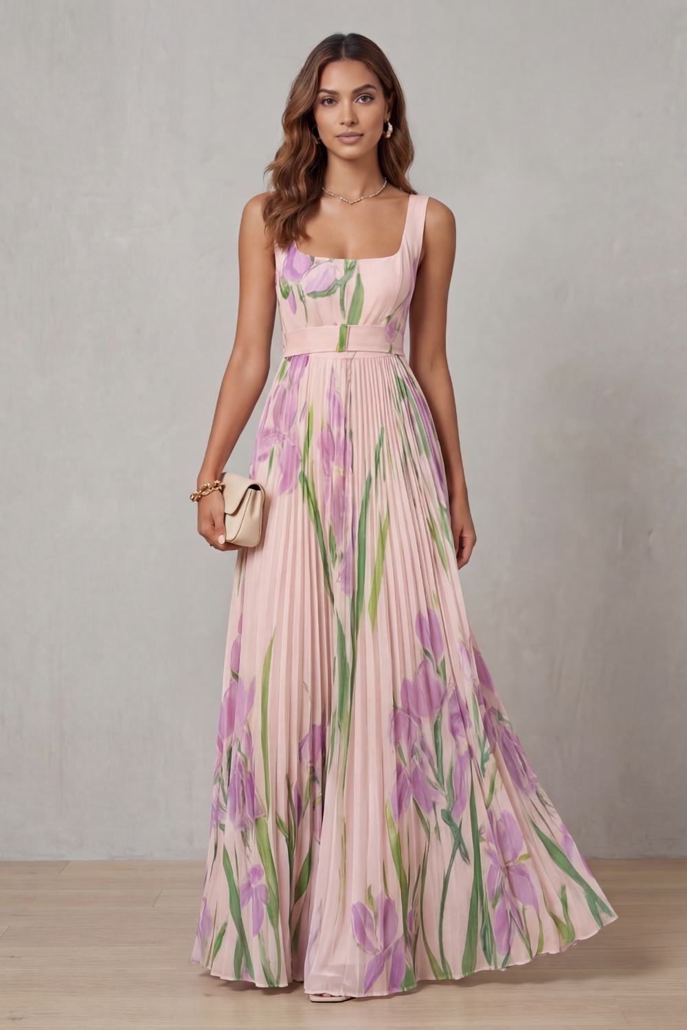 Vivienna – Watercolour floral – Pleated maxi dress