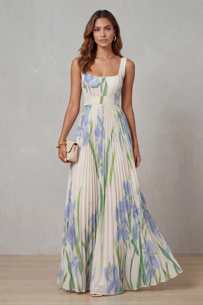 Vivienna – Watercolour floral – Pleated maxi dress